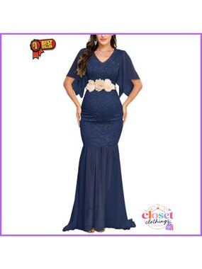 Maternity Lace Mermaid Maxi Dress V-Neck Flutter Sleeve Chiffon Gown